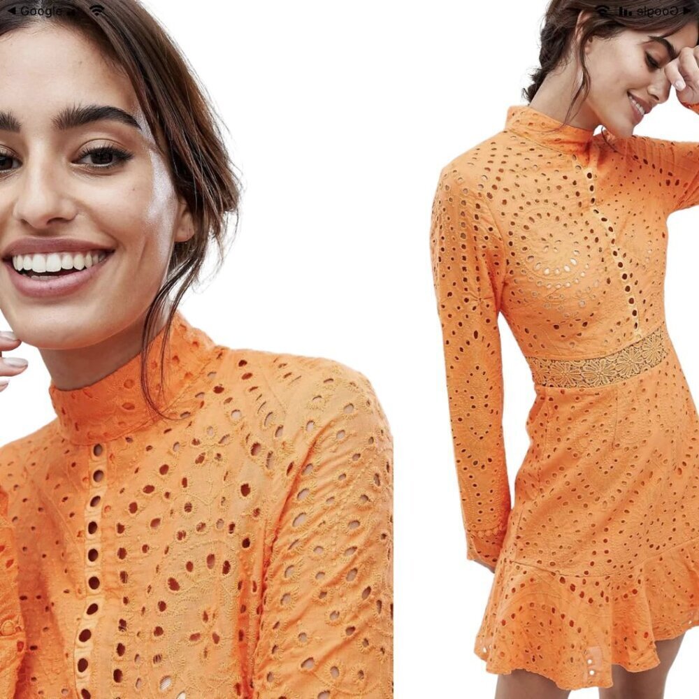 Lioness Eyelet Cutout High Neck Mini Dress Women's Xl Orange Lace Party Cocktail